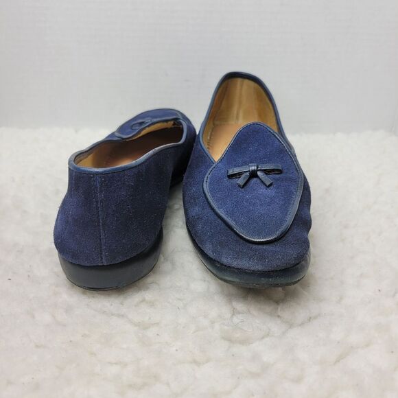 Belgian  Midinette Womsn's Slippers Shoes Size 7 Navy Blue Suede Loafers Bow Tie - Picture 9 of 12